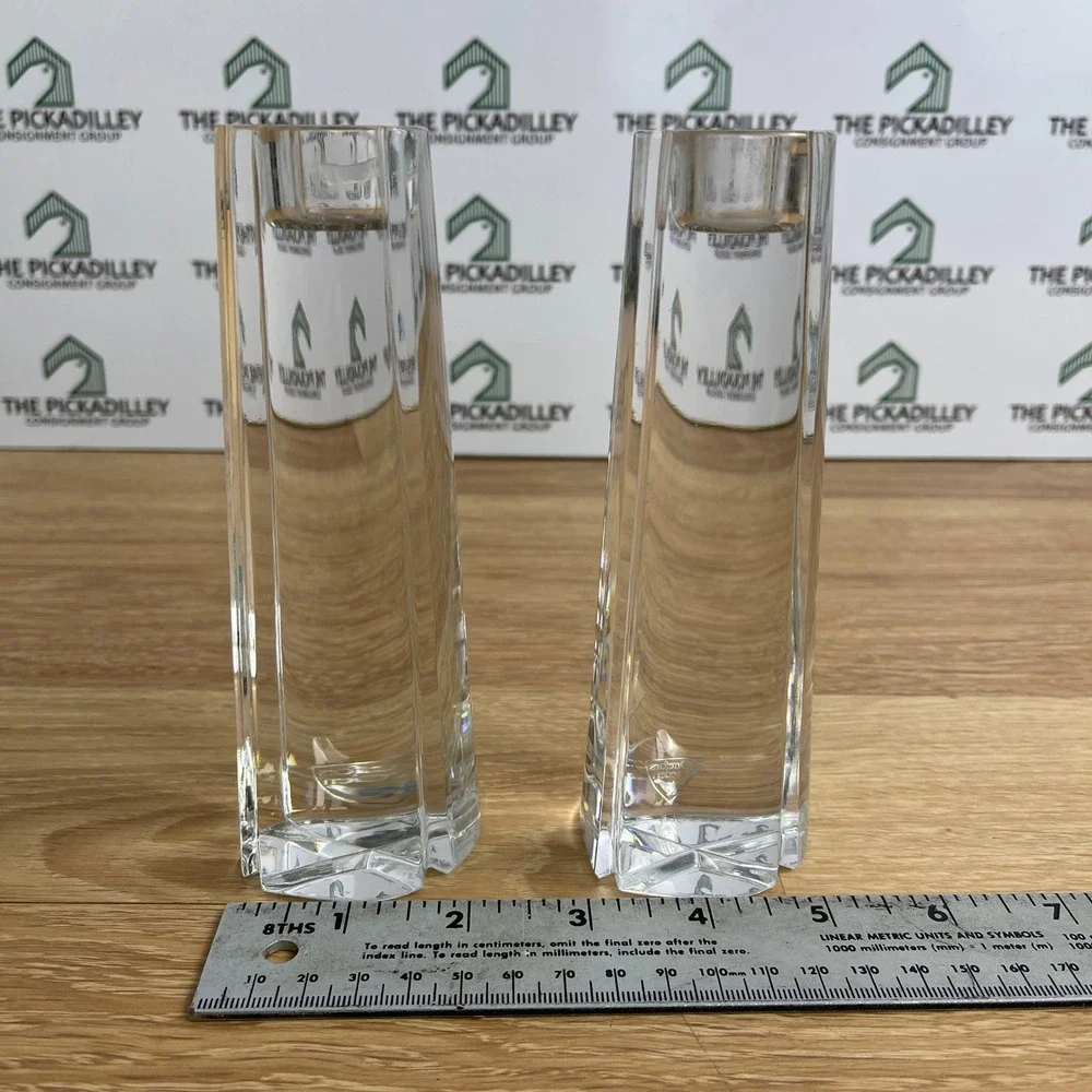Orrefors Sweden Crystal Bud Vases Pair Hexagonal Tapered Clear Glass 7.5 Inch